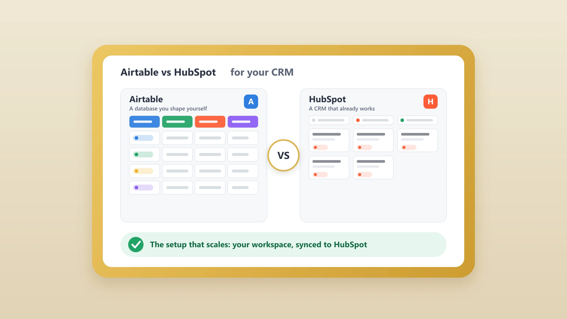 Airtable grid and HubSpot pipeline side by side representing a CRM comparison