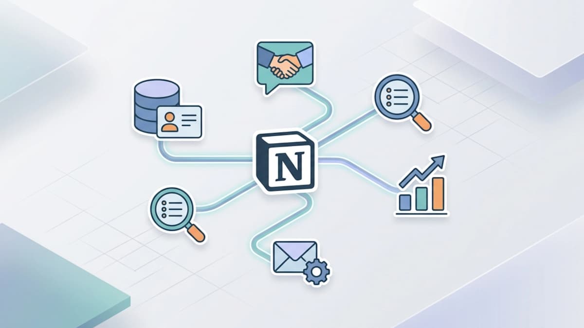 Cartoon of Notion connected to multiple sales tools