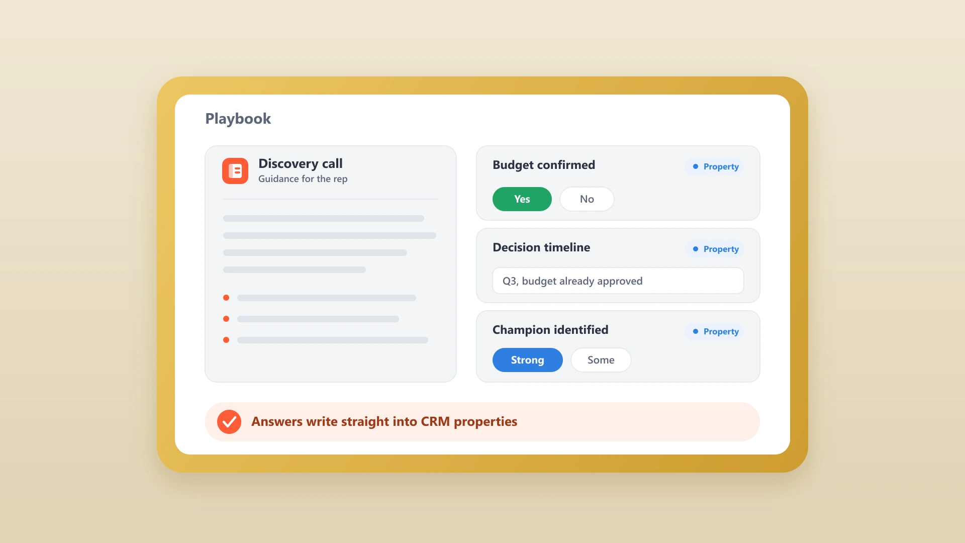 A HubSpot record with a playbook card open, showing guided questions and answer fields