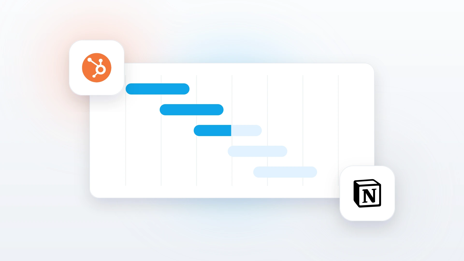 A Gantt timeline card with project bars stepping down from the HubSpot logo at the top left to the Notion logo at the bottom right