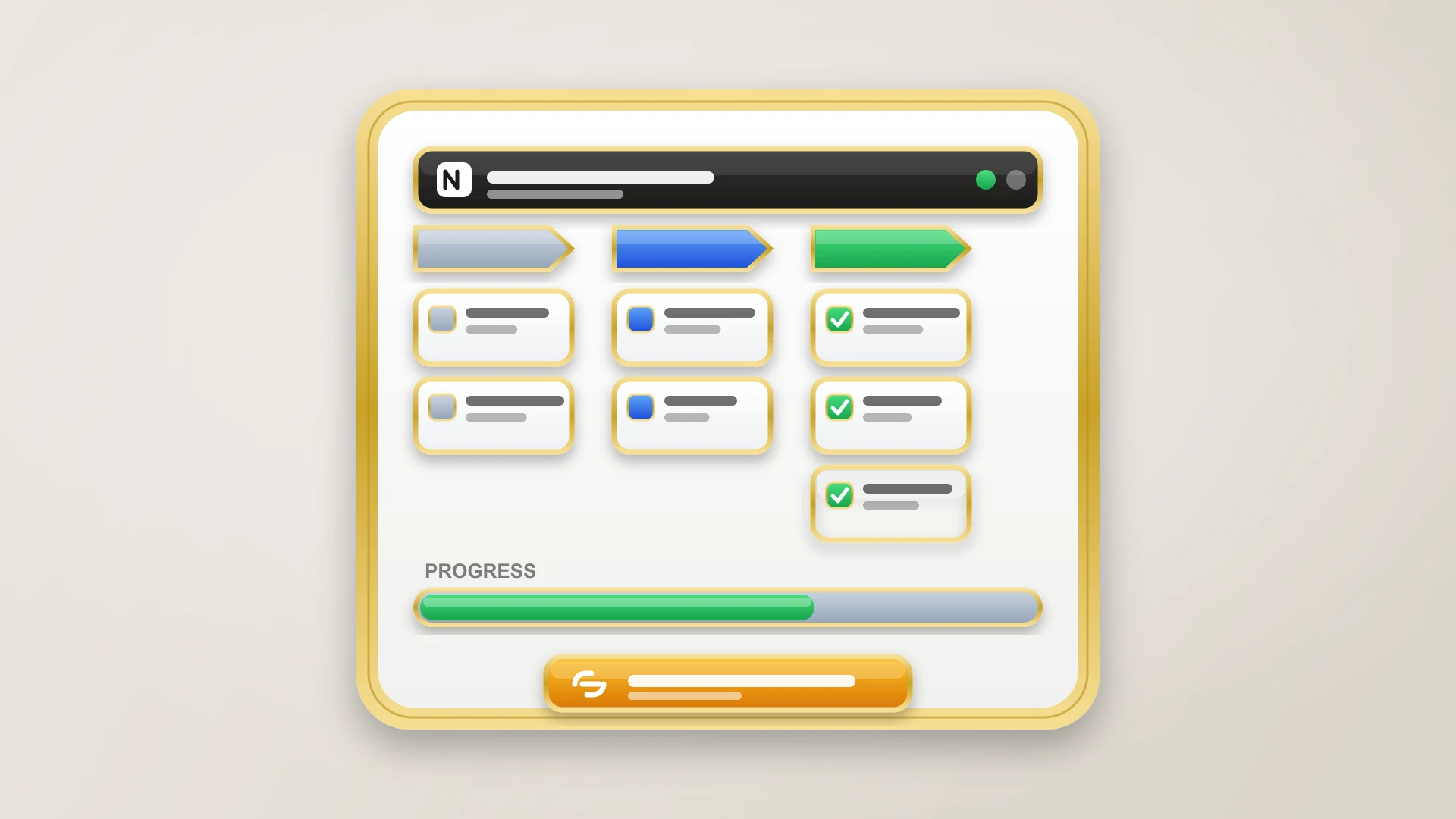 A Notion project tracker with tasks, status, owners, and progress shown in a board view
