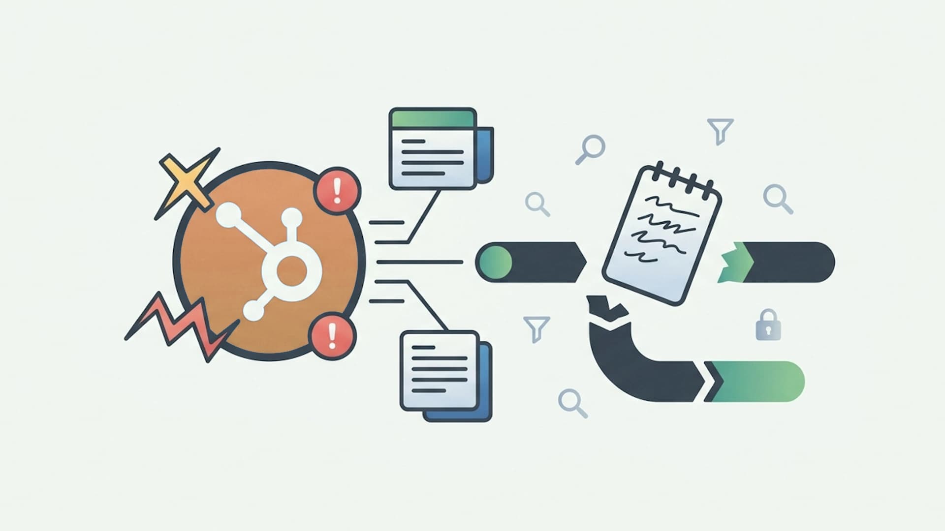 Cartoon of a sales rep looking at an empty HubSpot timeline on a laptop