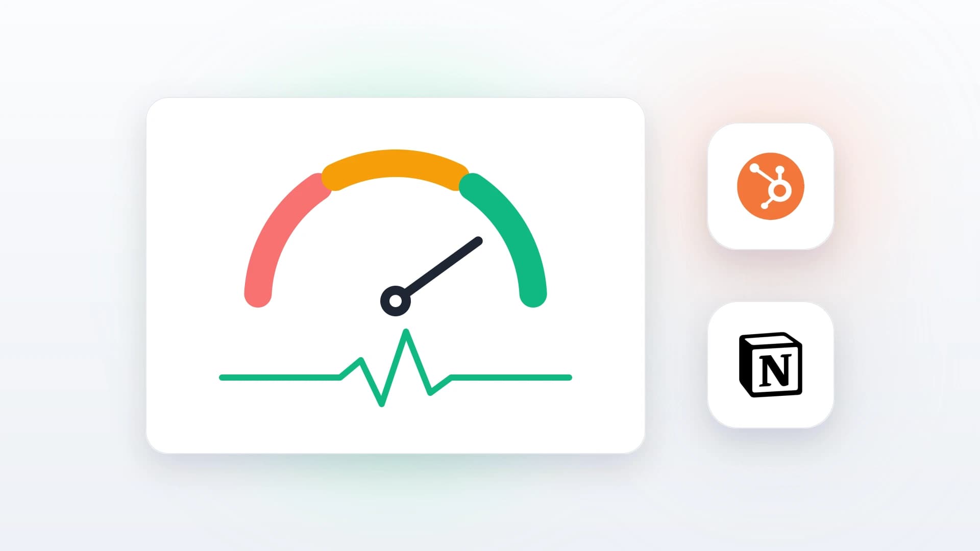 A health score gauge with its needle in the green zone and a pulse line beneath it, with HubSpot and Notion logo tiles stacked on the right