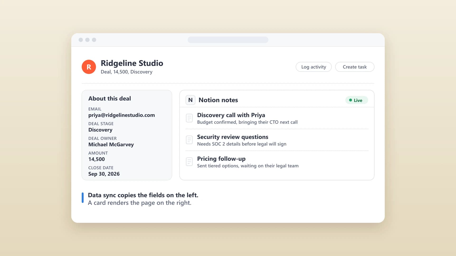 A HubSpot deal record with copied field values on the left and a live Notion notes card on the right