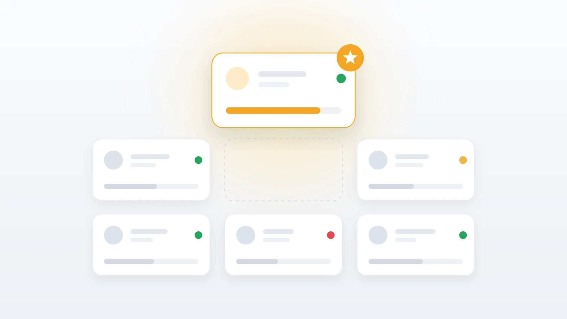 A grid of account cards with health dots, one key account raised above the rest with a gold star