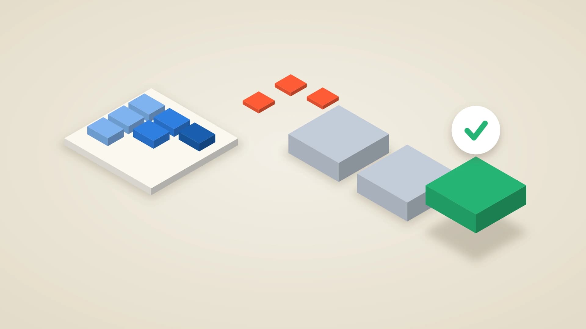 An isometric illustration of a sales pipeline board with deal cards in flight toward three candidate CRM platforms, the chosen one lifted and marked with a green check