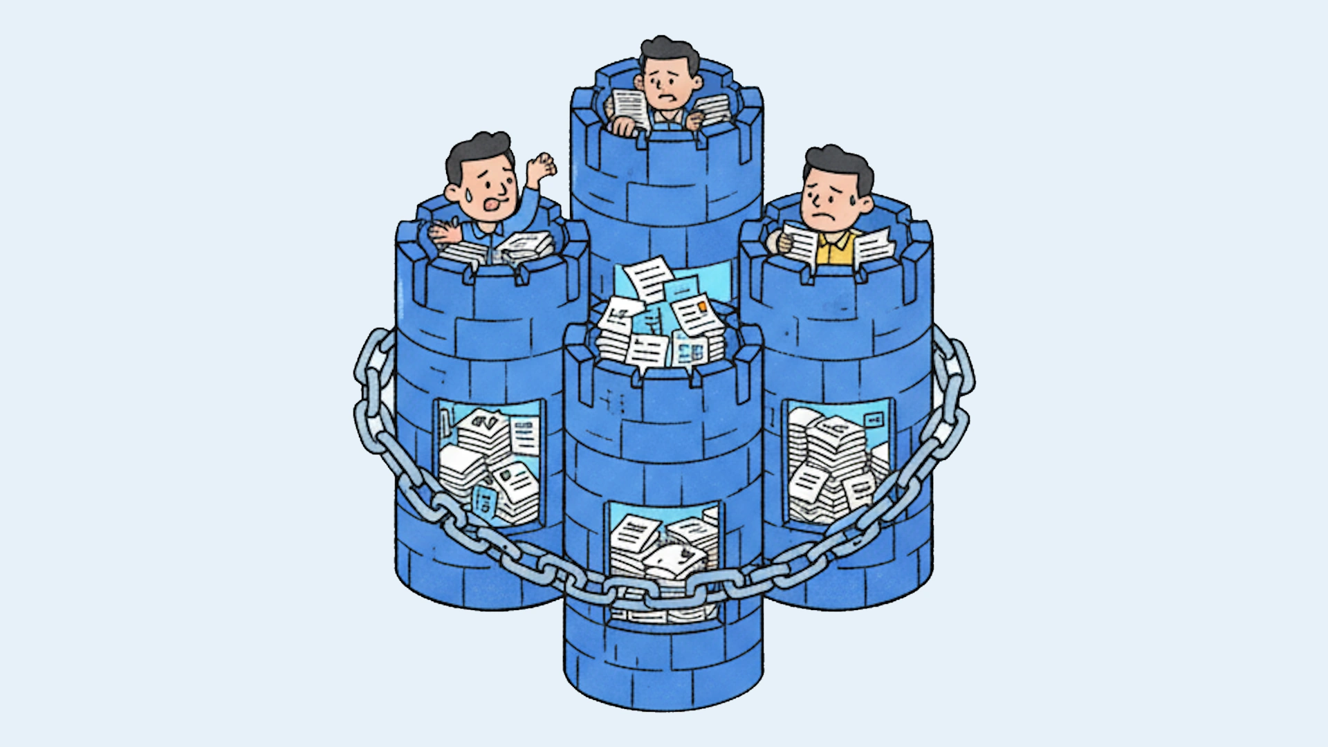 Cartoon image of characters in multiple towers stressing