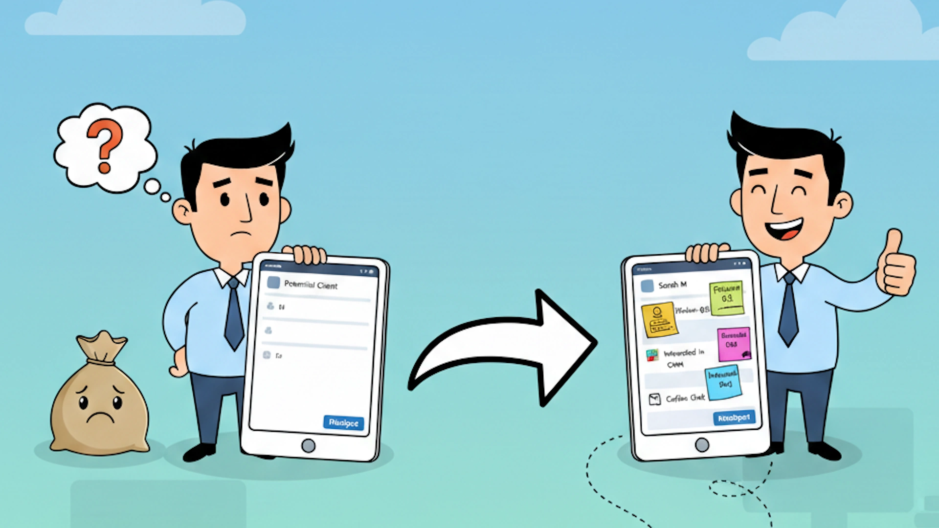 Cartoon image of man before and after using HubSpot notes